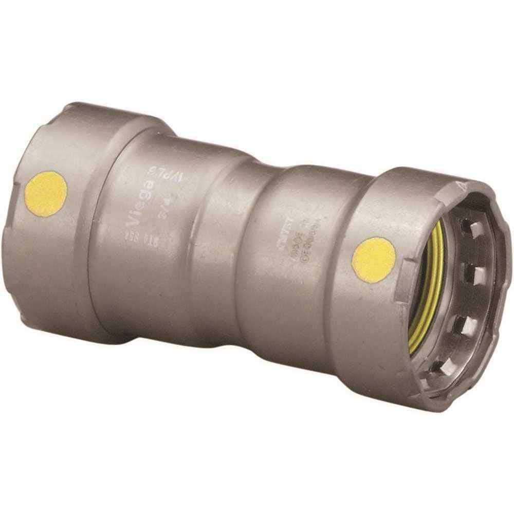 Silver press coupling with yellow indicator dots on both ends and threaded interior connection visible on right end.