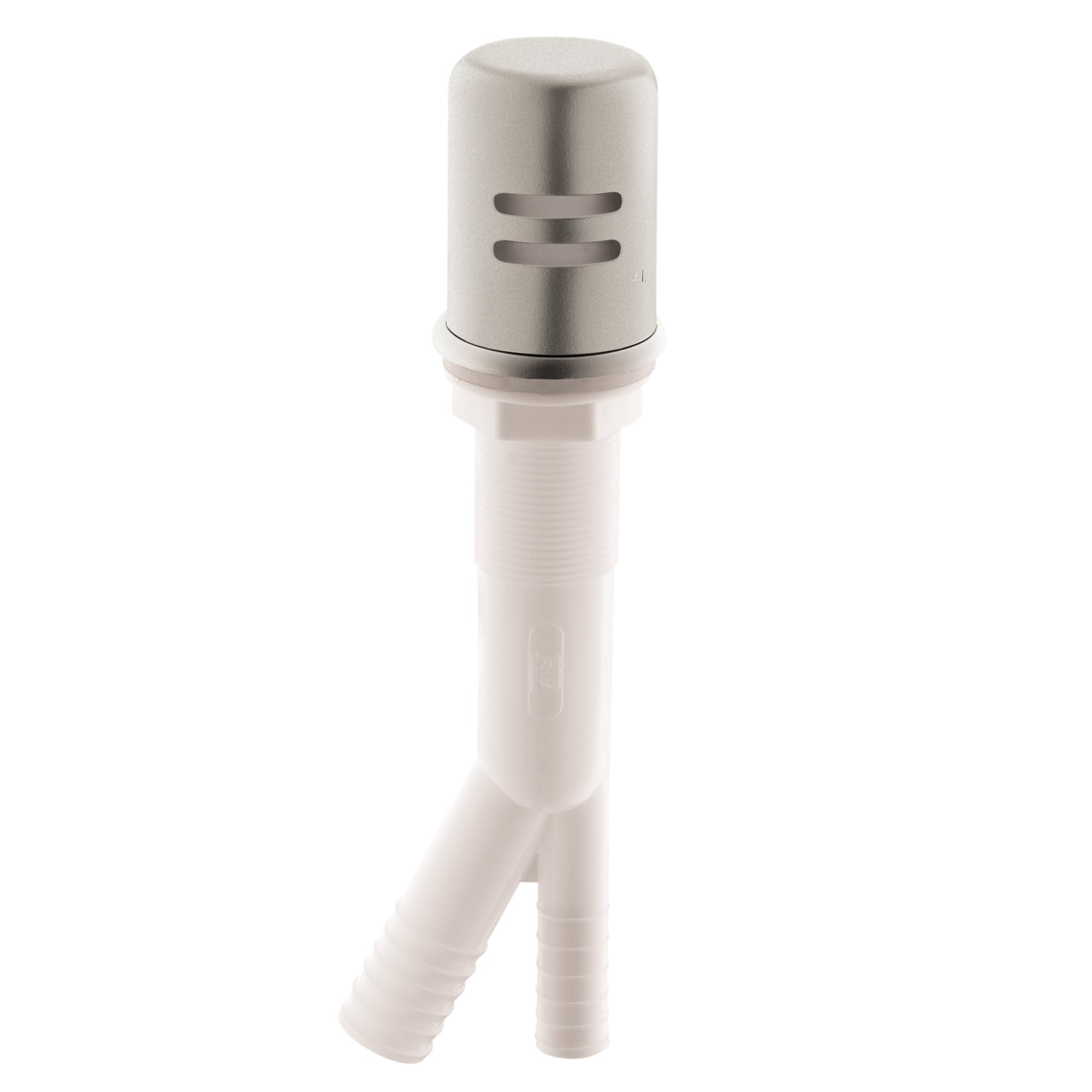 Stainless steel air gap with cylindrical cap and slotted vents, white plastic body with angled drain tubes.