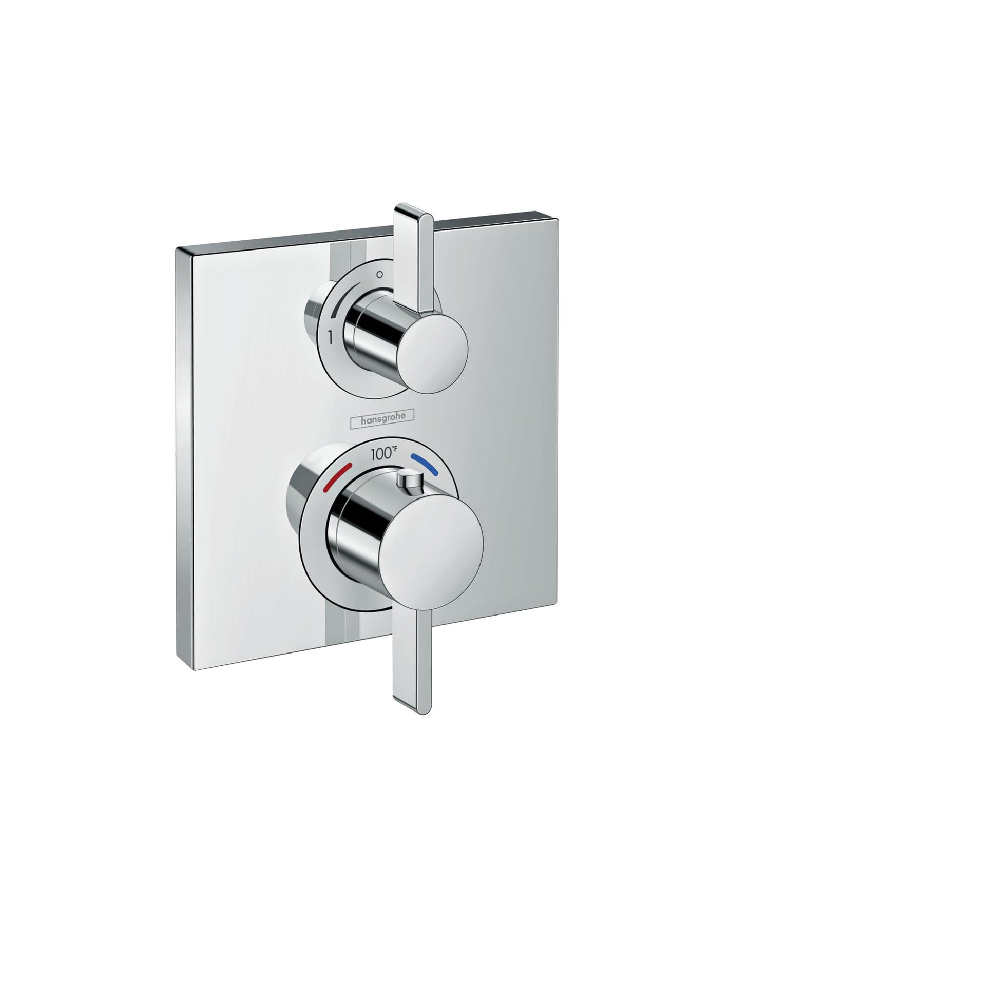 Chrome thermostatic shower trim with square plate, two round control knobs, and temperature gauge displaying 100 degrees.
