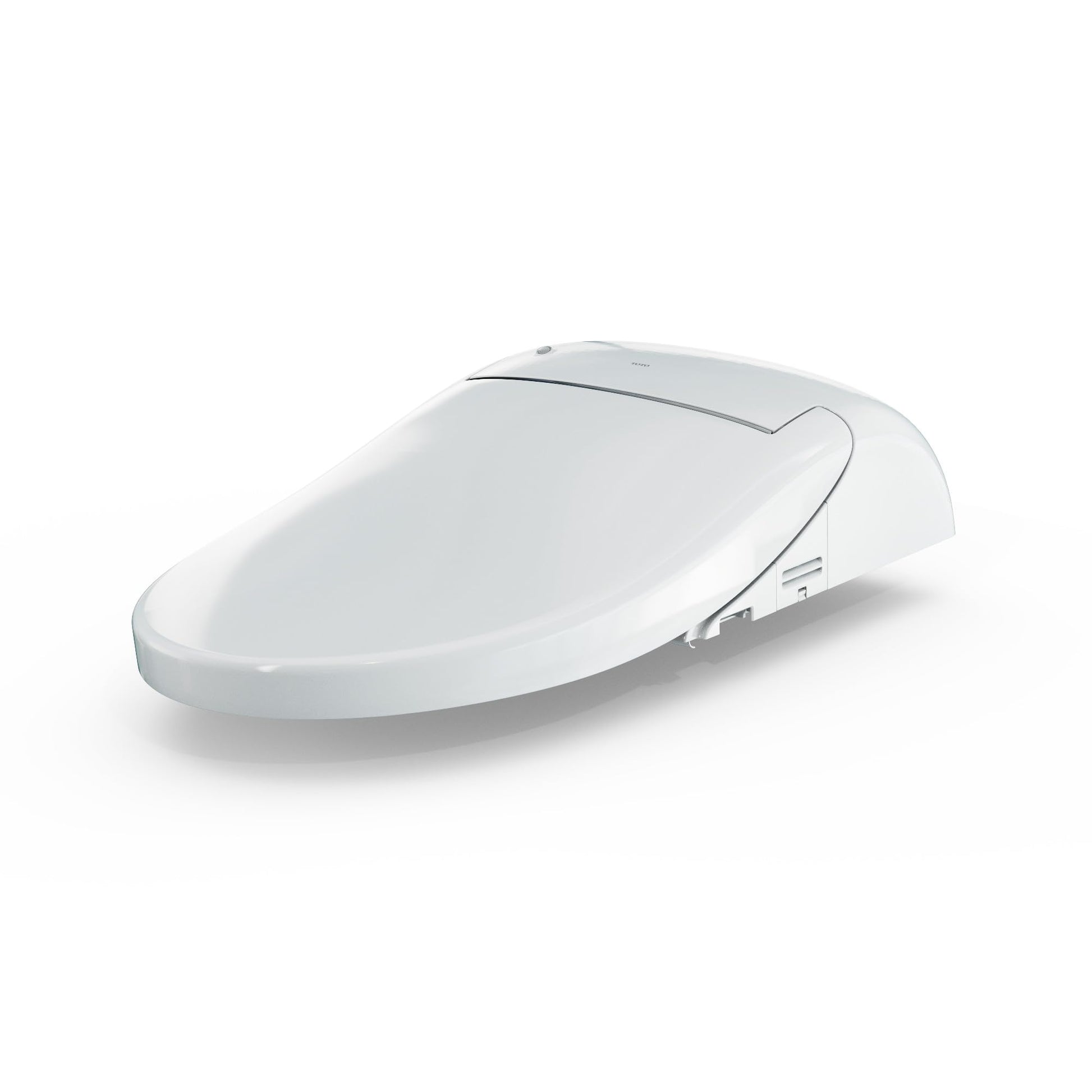 White elongated electronic toilet seat with control panel on side and closed lid.