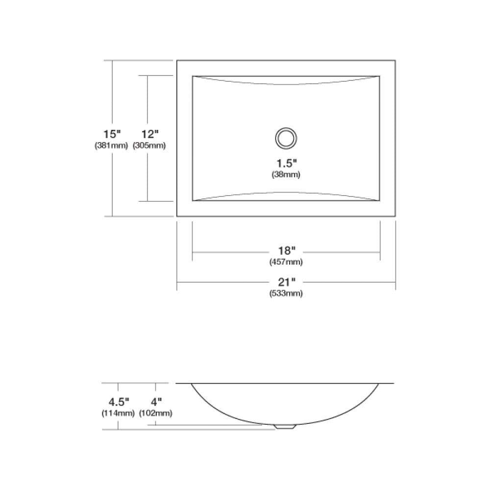 Rectangular undermount bathroom sink with curved basin, 21" width, 15" height, 1.5" drain opening, and curved side profile vi