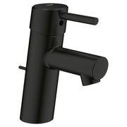 Matte black single-handle bathroom faucet with cylindrical body and lever handle extending from the side.