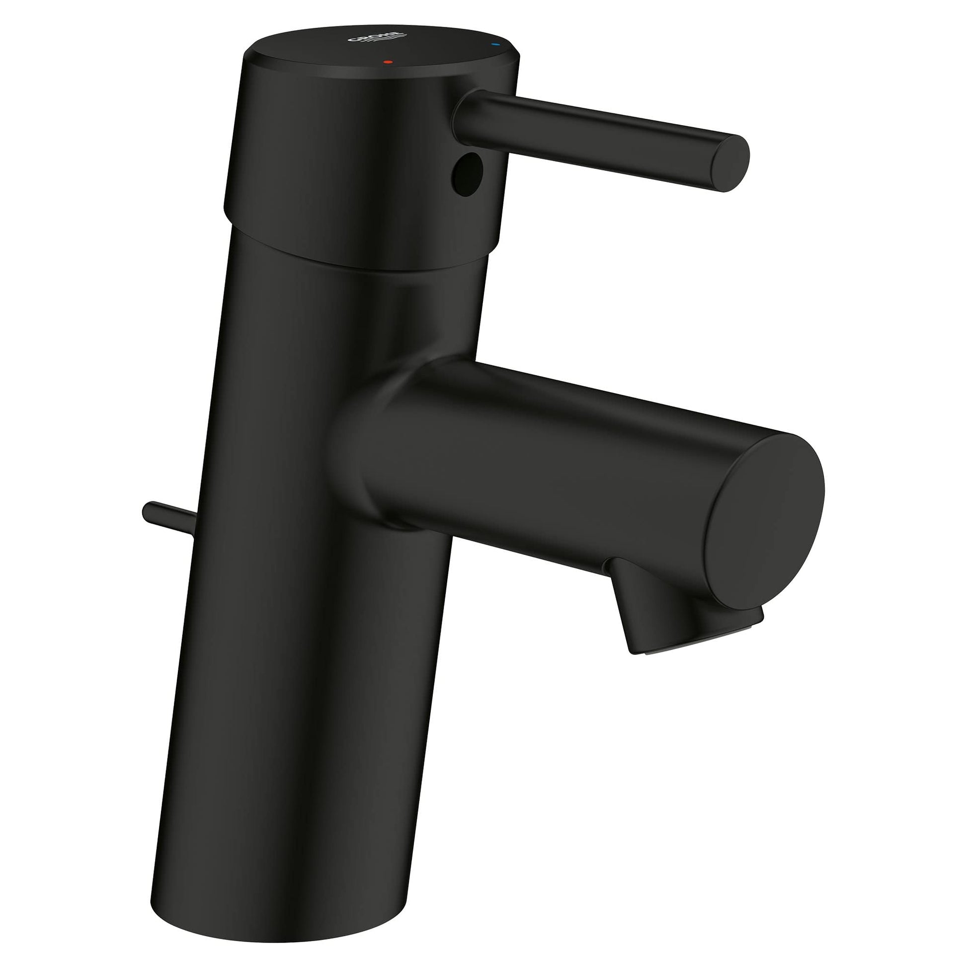 Matte black single-handle bathroom faucet with cylindrical body and lever handle extending from the side.