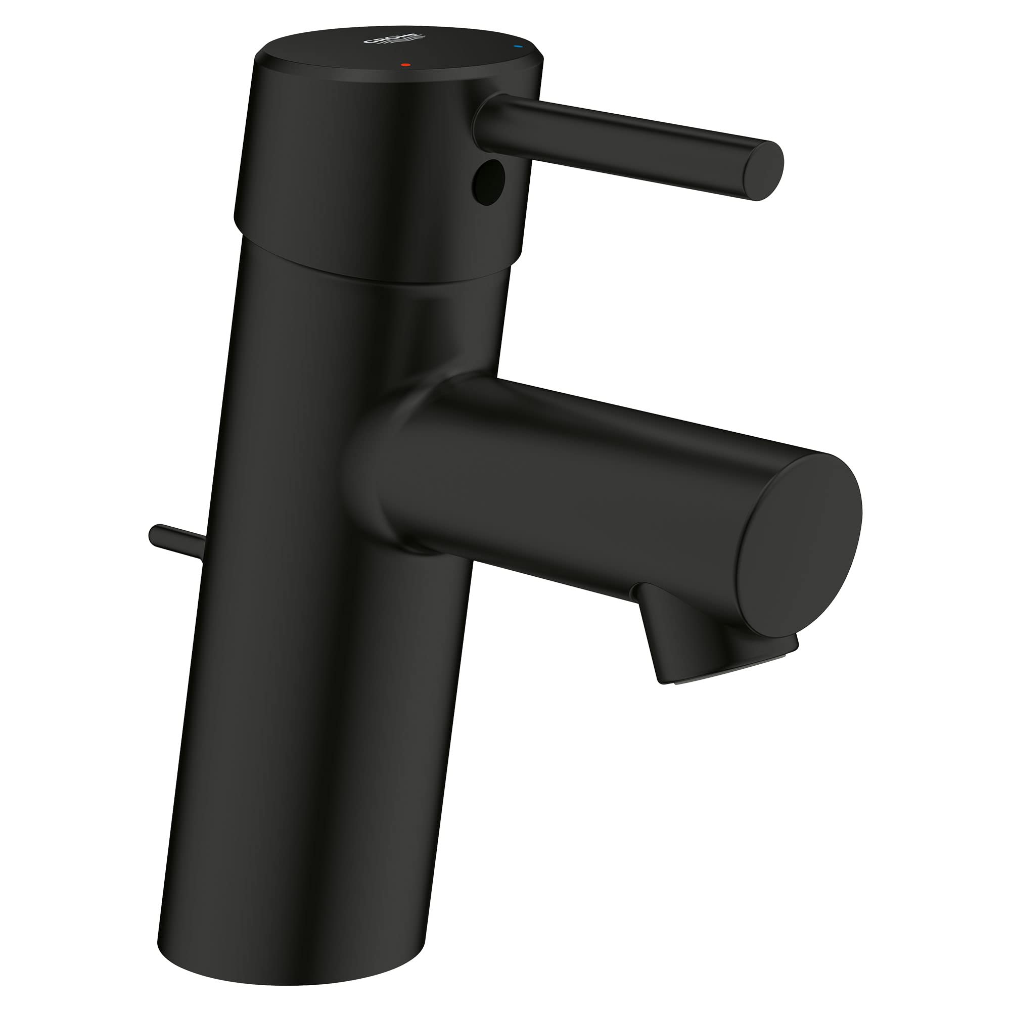Matte black single-handle bathroom faucet with cylindrical body and lever handle extending from the side.
