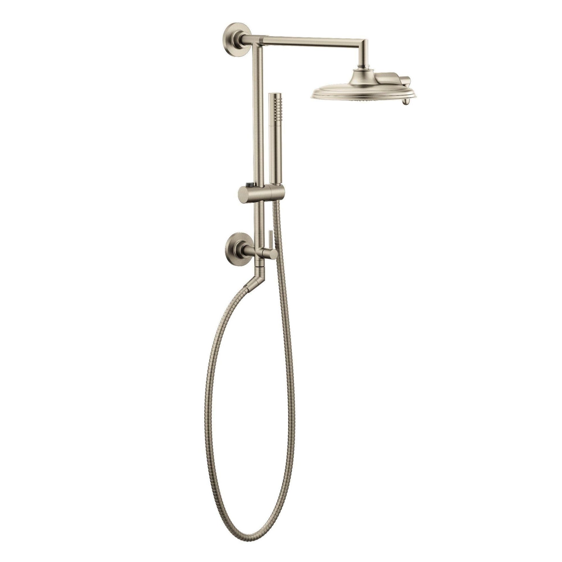 Brushed nickel showerhead system with overhead and handheld sprayers connected by metal rail and flexible hose.