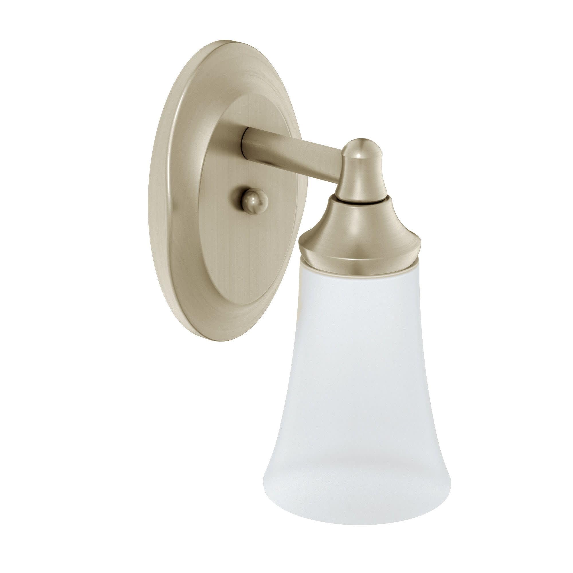 Oil-rubbed bronze vanity light fixture with frosted glass shade and single bulb mount.