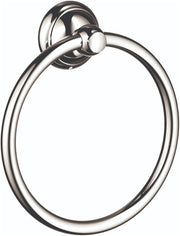 Polished nickel towel ring with circular band and wall-mounted backplate with knob.