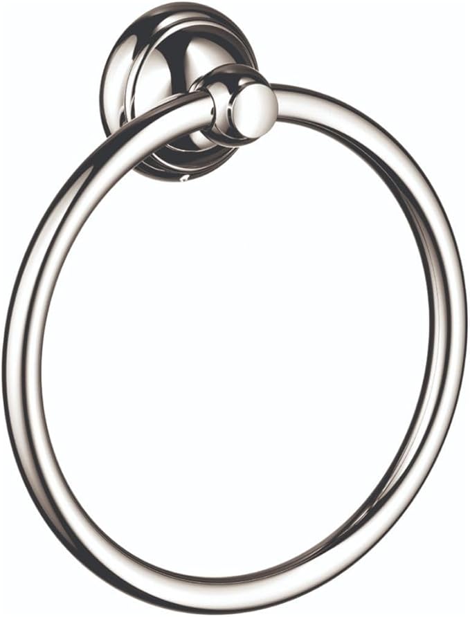 Polished nickel towel ring with circular band and wall-mounted backplate with knob.