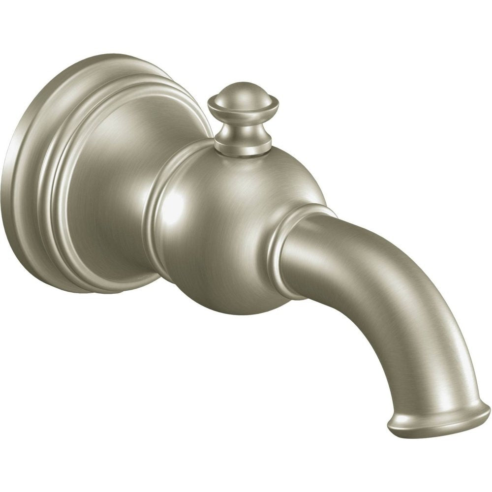 Brushed nickel diverter spout with curved outlet and dome-shaped knob, featuring decorative flange and ringed details.