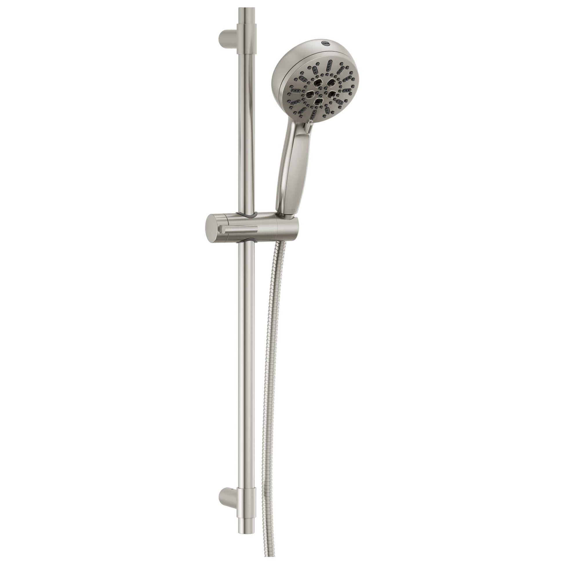 Stainless steel slide bar hand shower with round showerhead and flexible hose connection.