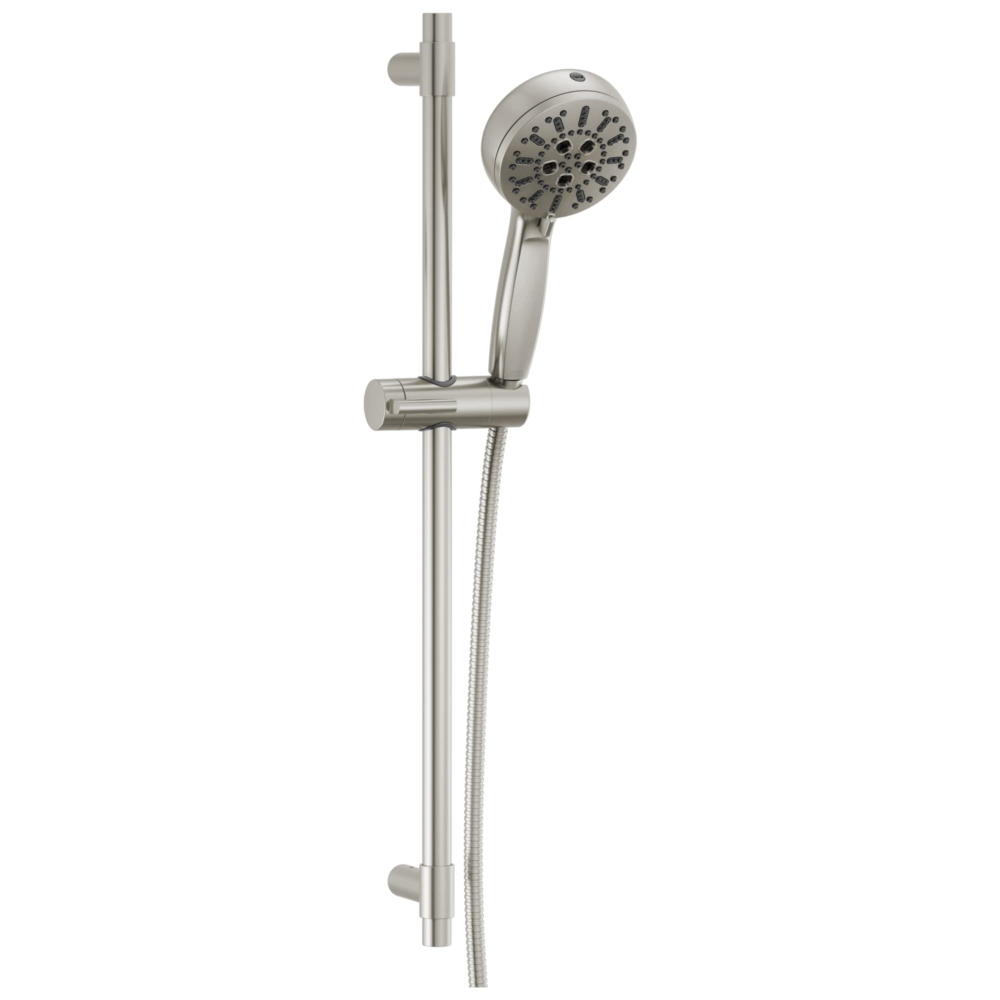 Stainless steel slide bar hand shower with round showerhead and flexible hose connection.