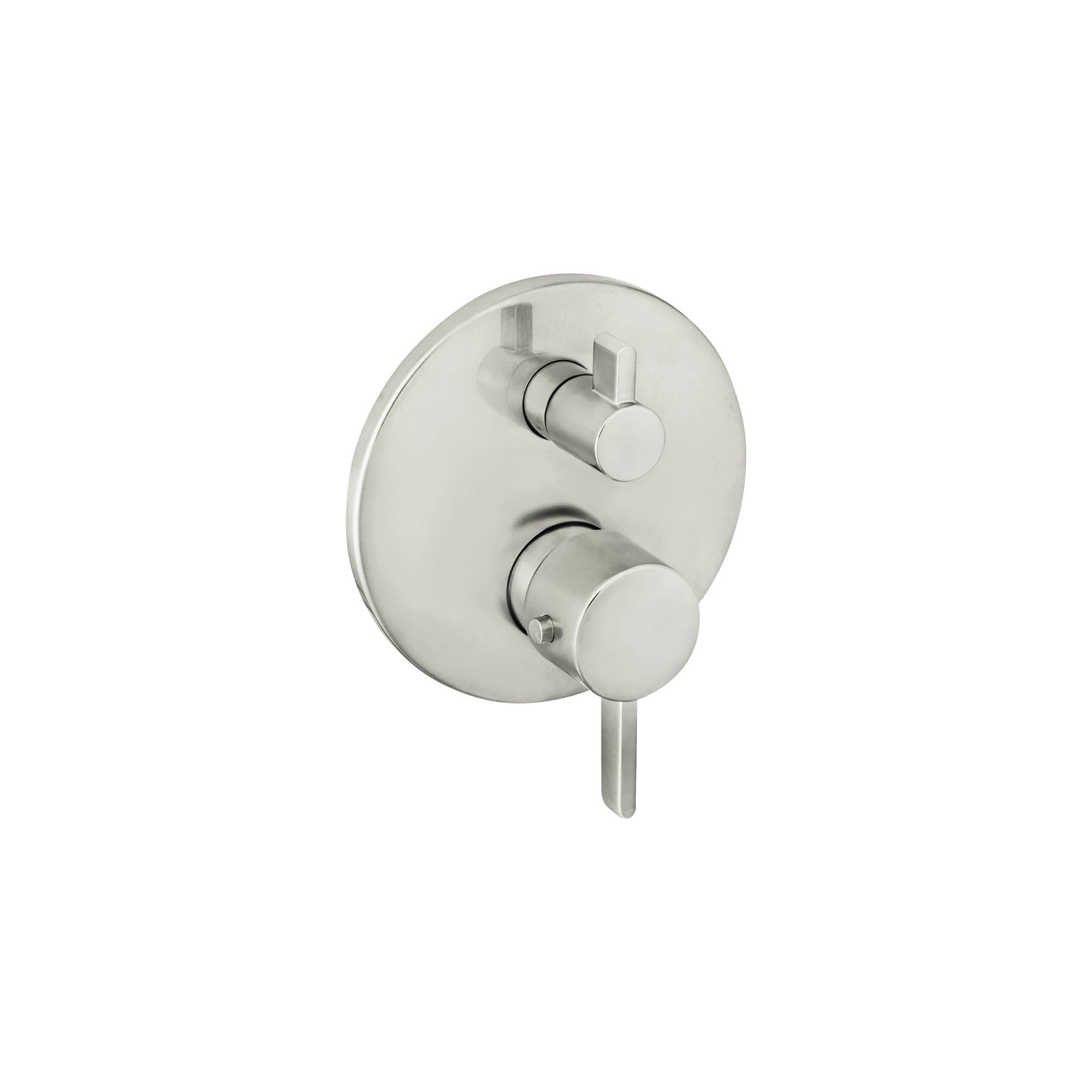 Brushed nickel thermostatic shower trim with round escutcheon plate, upper diverter knob, and lower volume control lever.