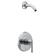 Chrome shower trim kit with single lever handle and curved wall-mounted showerhead arm.