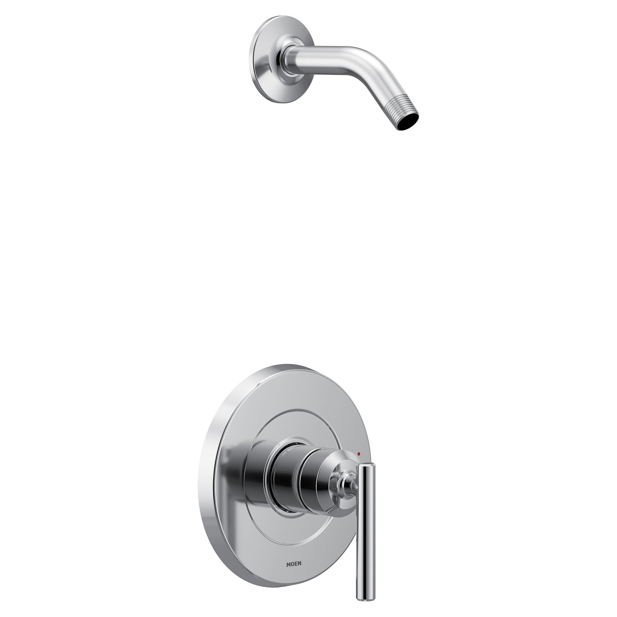Chrome shower trim kit with single lever handle and curved wall-mounted showerhead arm.