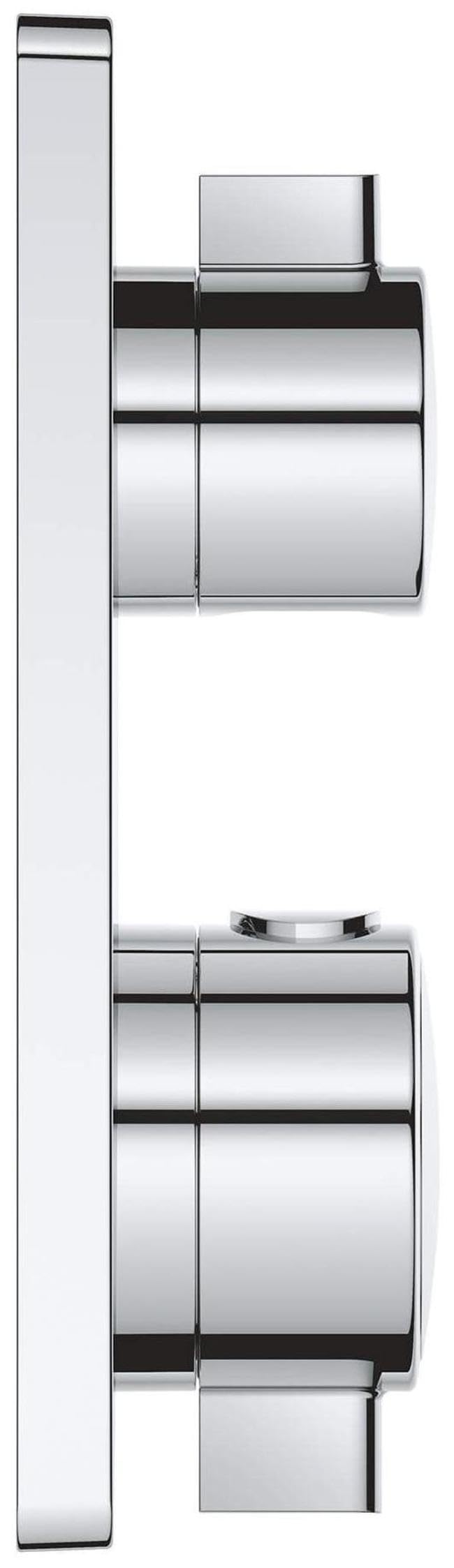 Grohe thermostatic valve trim with two cylindrical chrome handles separated by matte black accents on vertical mounting plate