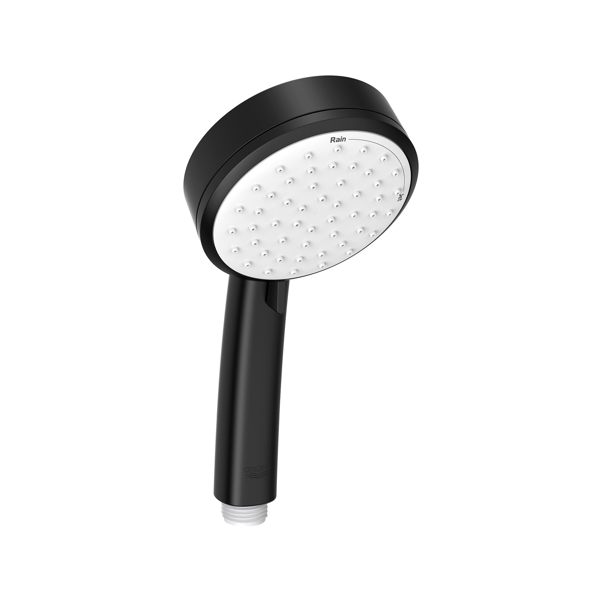 Matte black hand shower with white spray face and cylindrical handle.