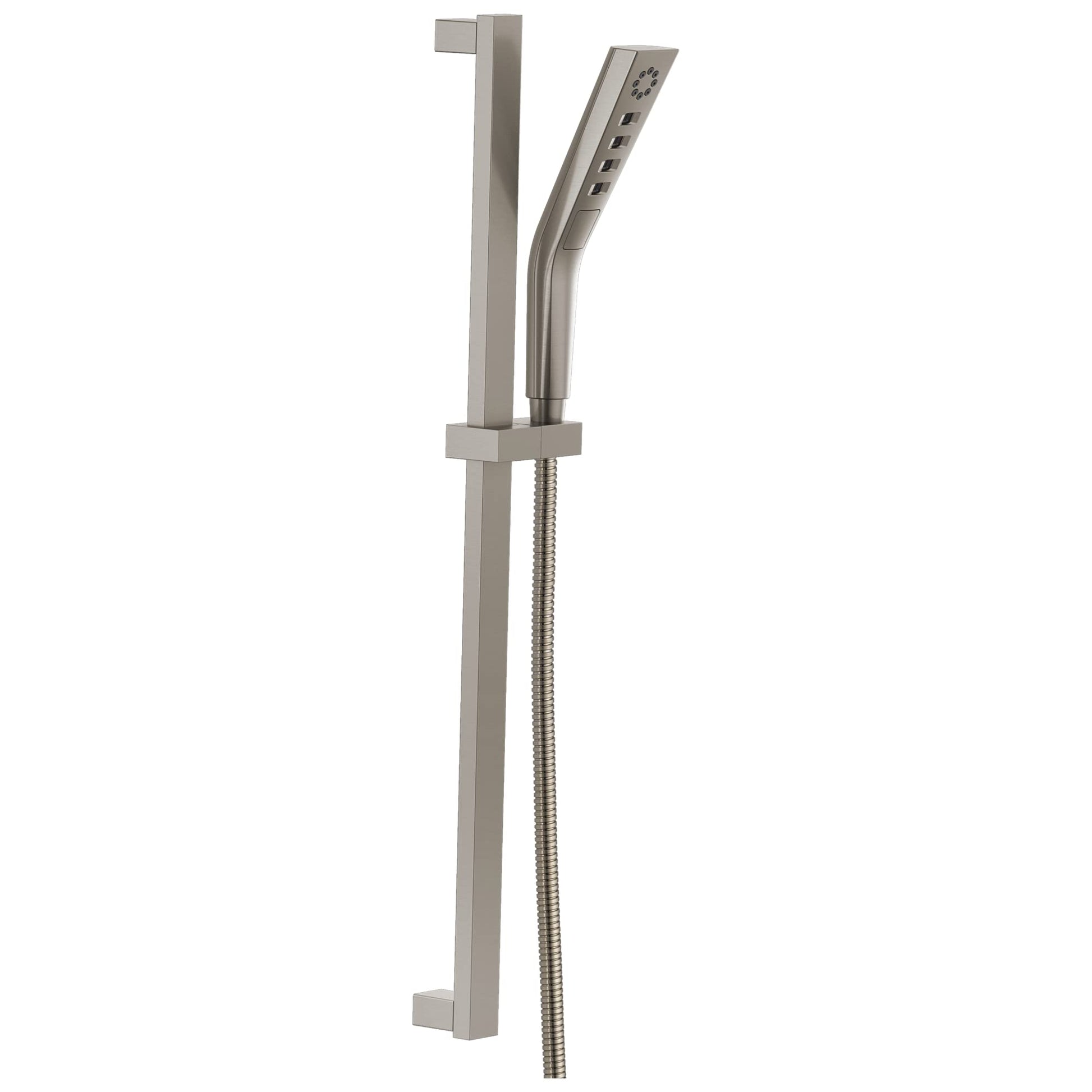 Brushed nickel square slide bar hand shower with curved wand and metal hose on vertical rail.