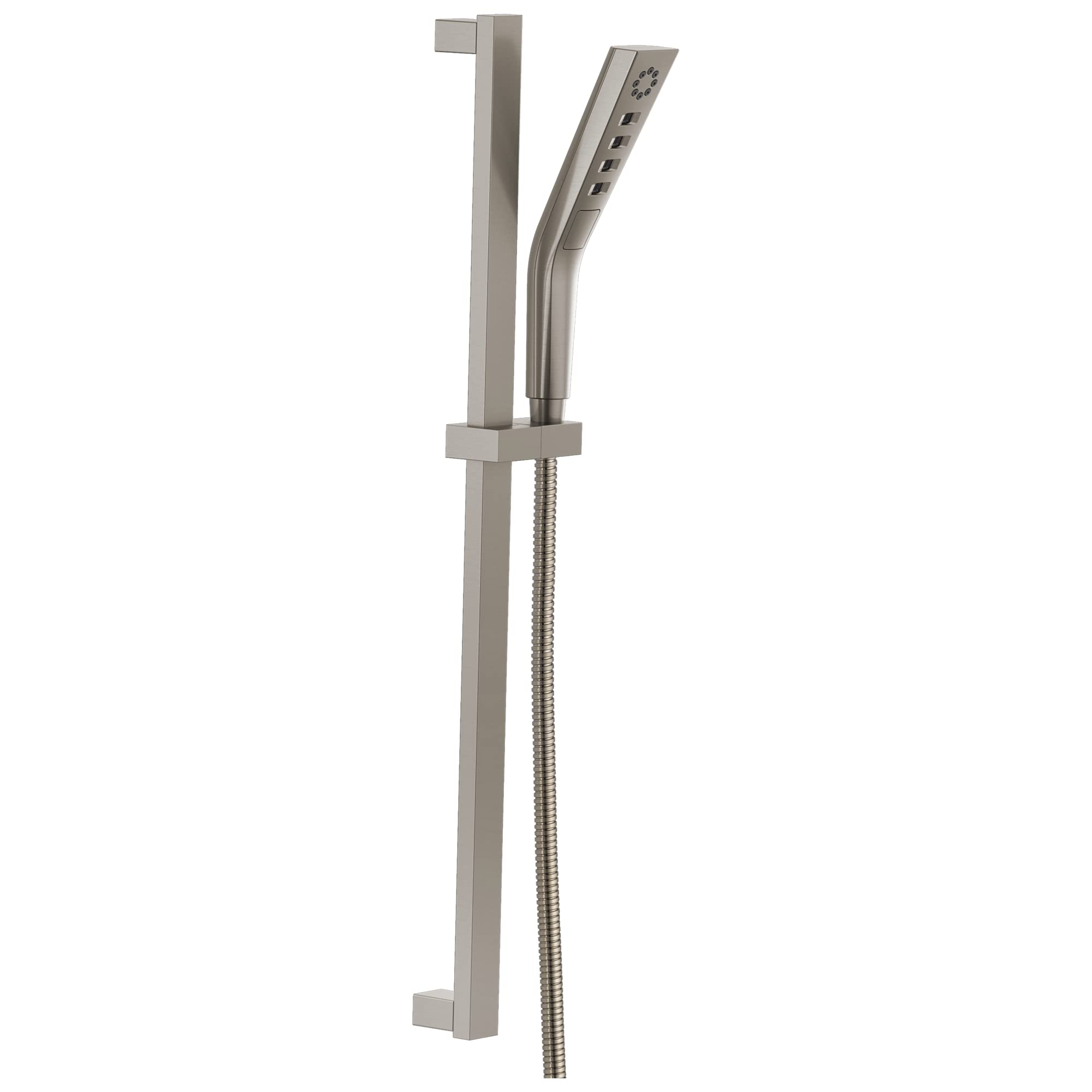 Brushed nickel square slide bar hand shower with curved wand and metal hose on vertical rail.