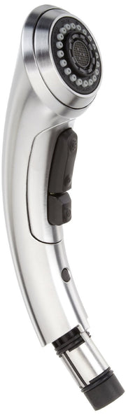 Stainless steel pull-out wand assembly with black spray head featuring multiple spray settings and grip buttons.