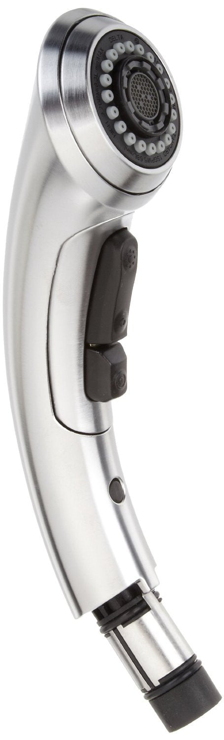 Stainless steel pull-out wand assembly with black spray head featuring multiple spray settings and grip buttons.