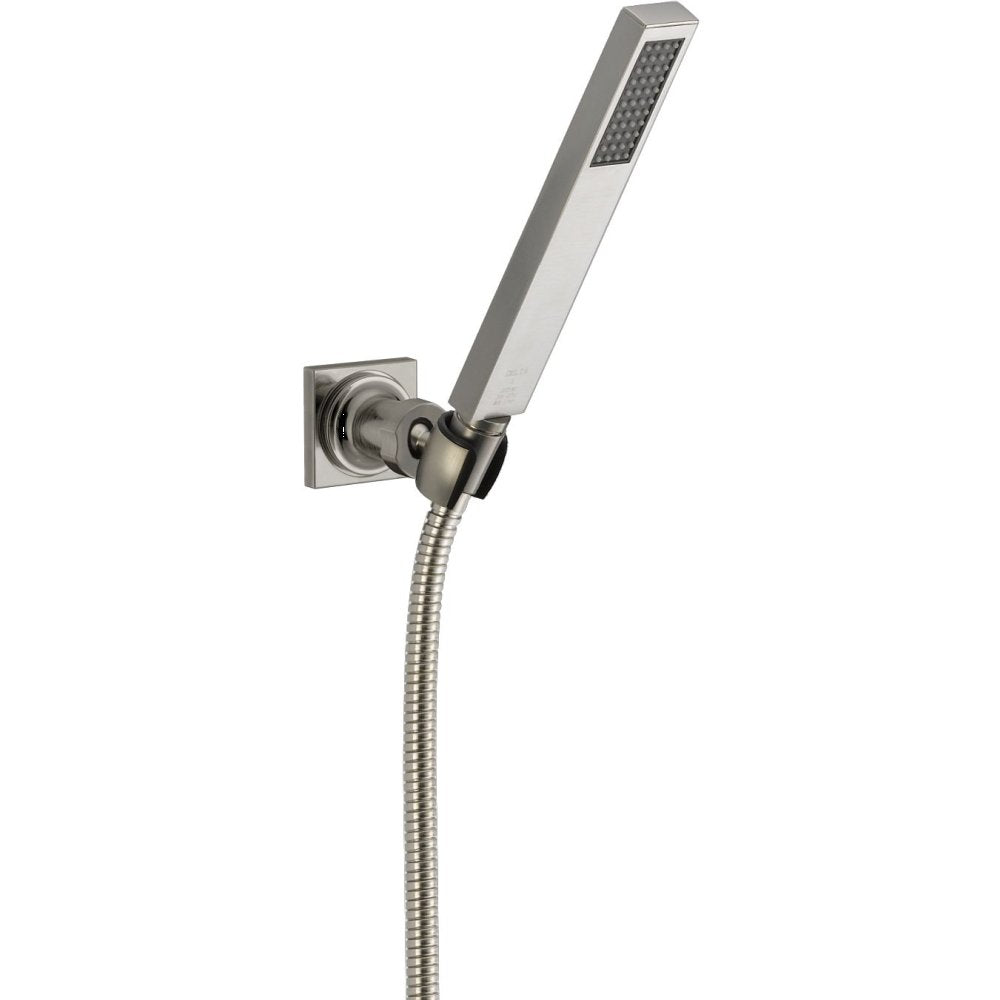 Chrome hand shower with rectangular head mounted on square wall bracket with flexible hose.