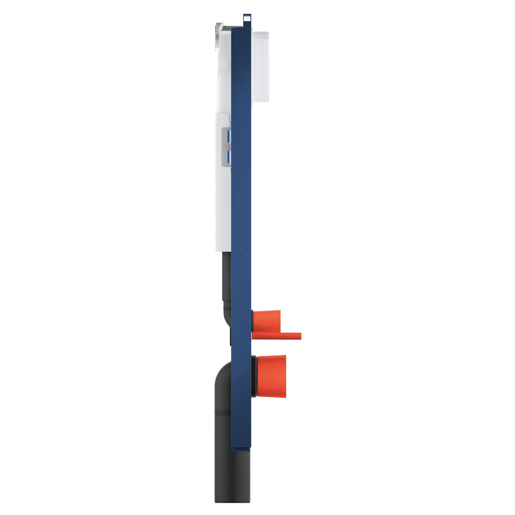 Grohe Rapid SL slim in-wall toilet carrier frame with dark blue metal structure, white upper section, and red connector ports