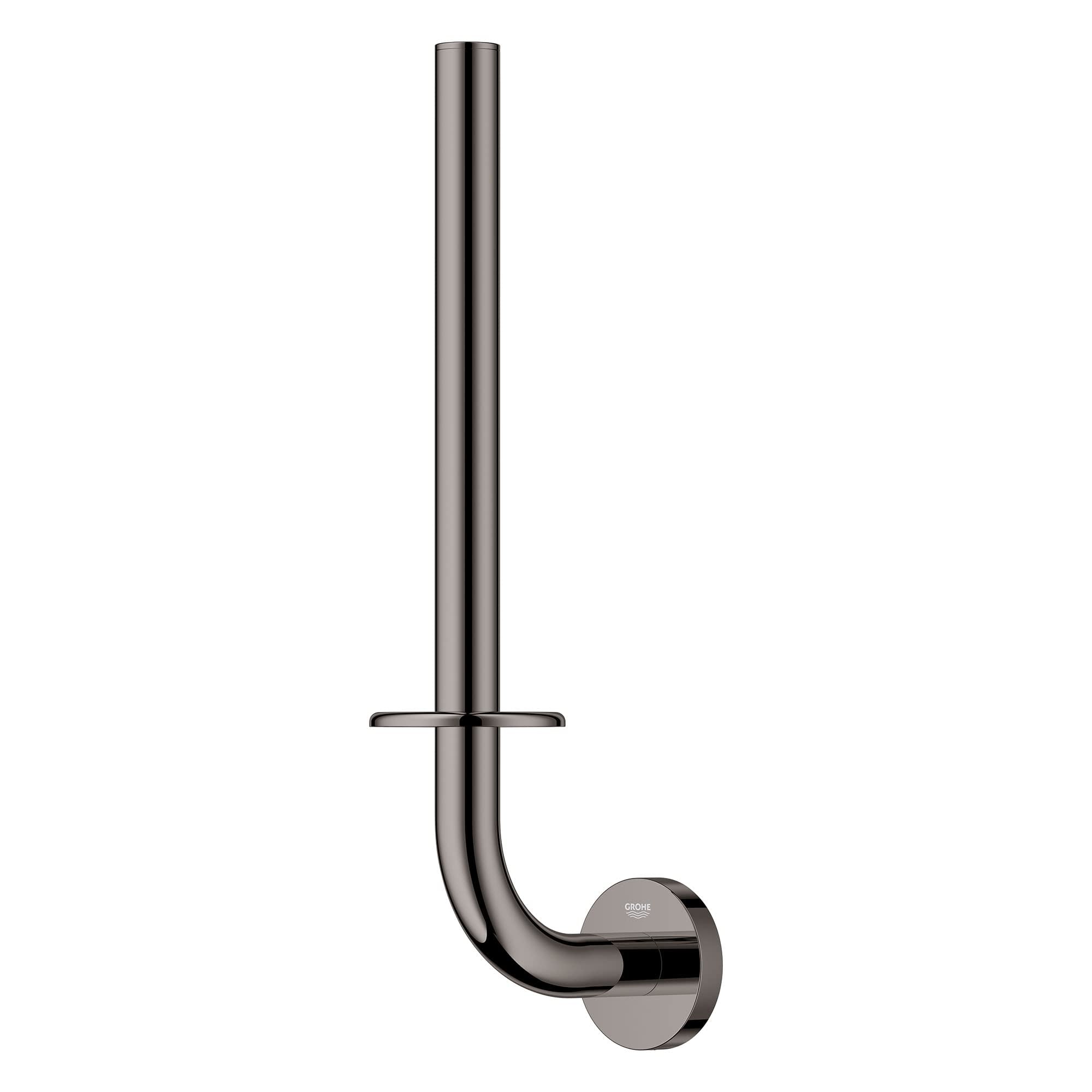 Tall vertical toilet paper holder with dual roll capacity, curved base, and hard graphite finish.