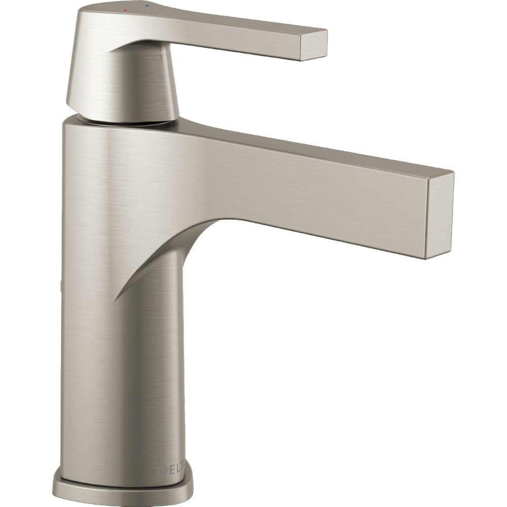Brushed nickel single-handle bathroom faucet with curved spout and cylindrical body.