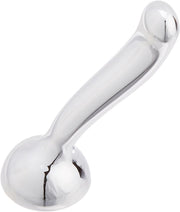 Chrome metal lever handle with rounded base and cap for faucet installation.