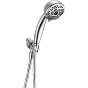 Chrome hand shower with multiple spray holes, control lever, and flexible hose connection bracket.