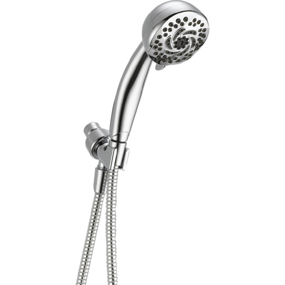 Chrome hand shower with multiple spray holes, control lever, and flexible hose connection bracket.