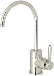 Polished nickel hot water dispenser with curved gooseneck spout, cylindrical base, and side control handle.
