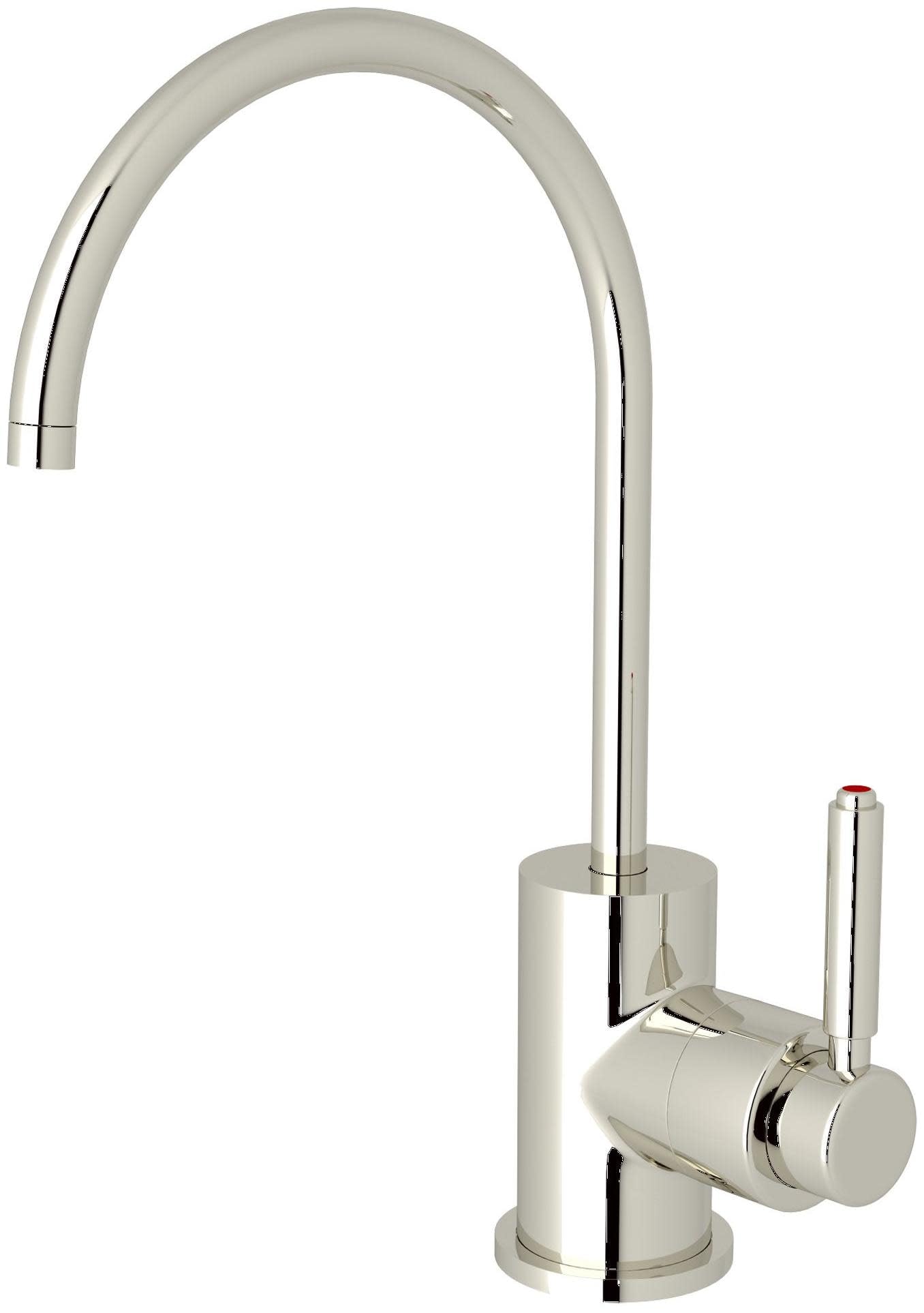 Polished nickel hot water dispenser with curved gooseneck spout, cylindrical base, and side control handle.