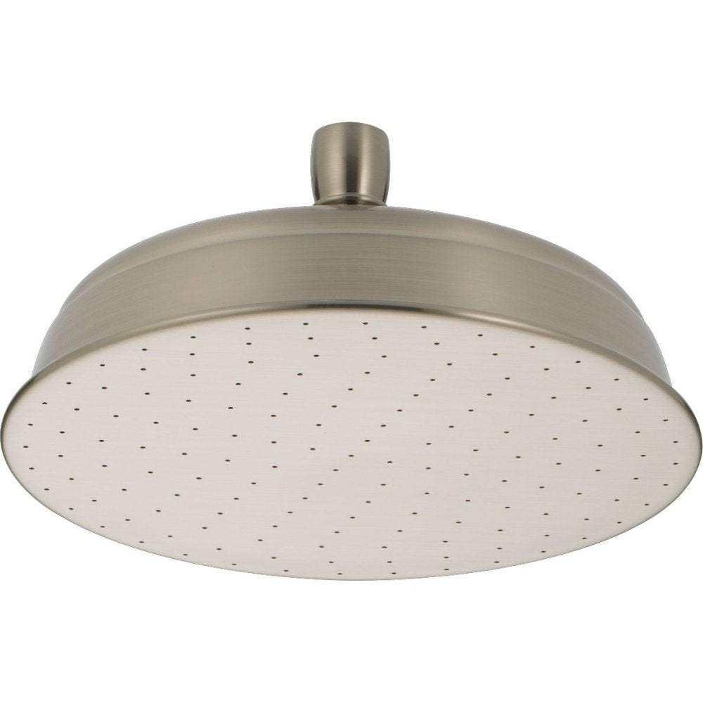 Brushed nickel raincan shower head with wide circular face and multiple spray holes, mounted on cylindrical arm.