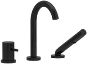 Black deck mount tub filler with cylindrical valve, tall curved spout, and handheld spray wand.