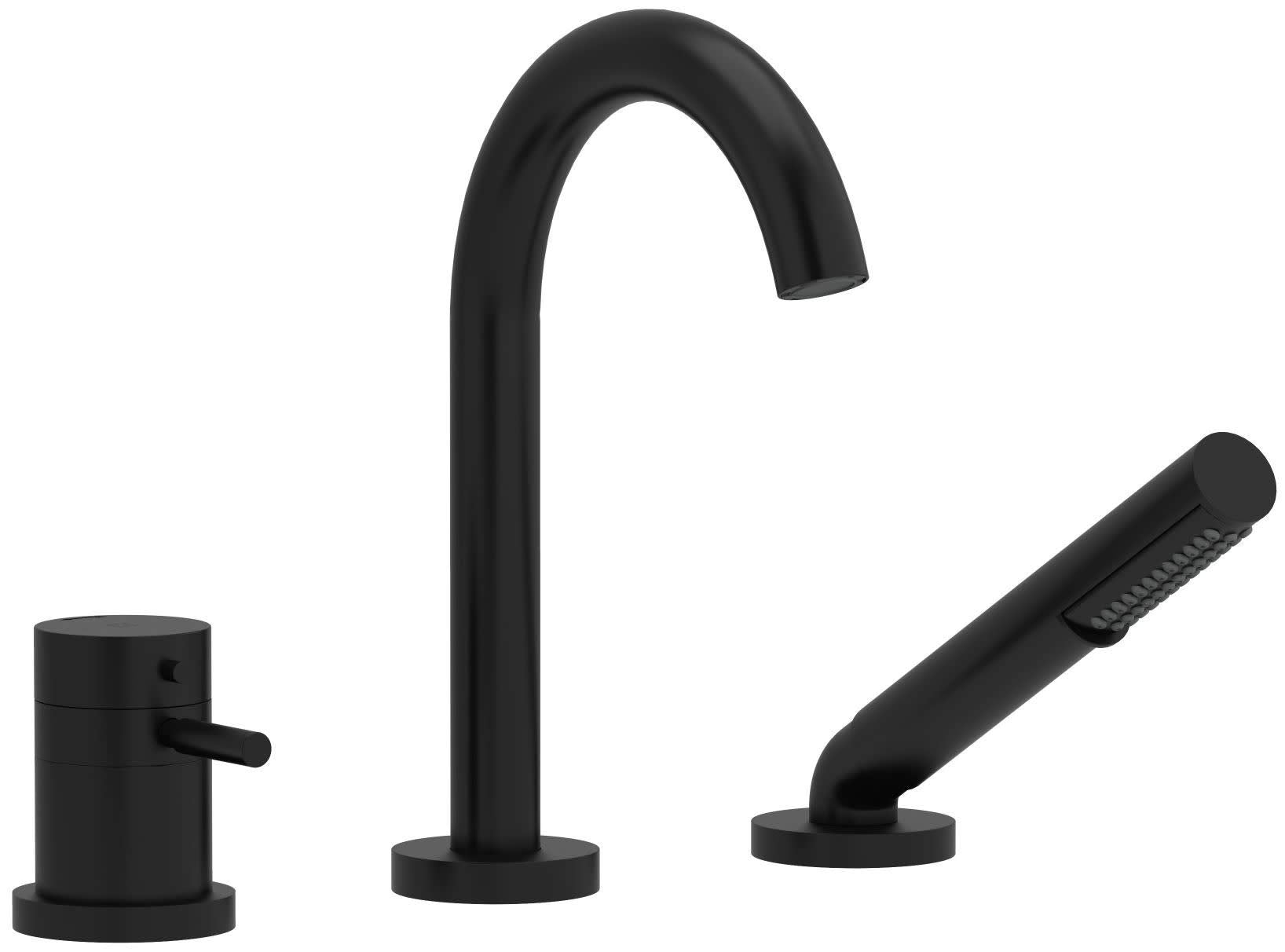 Black deck mount tub filler with cylindrical valve, tall curved spout, and handheld spray wand.