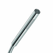 Chrome cylindrical handheld showerhead with circular perforated spray face and attached hose.