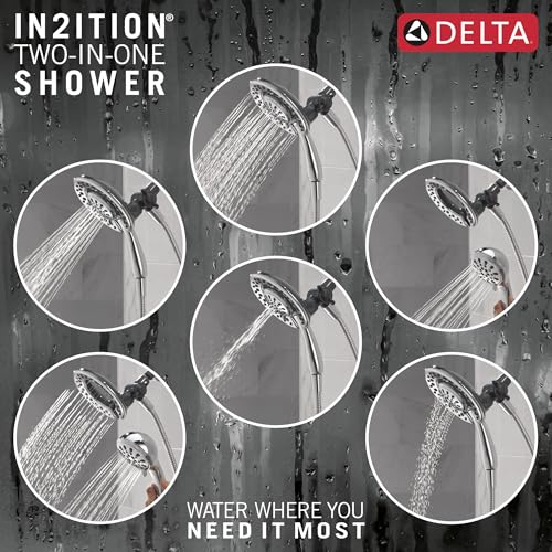 Chrome dual shower head with multiple spray settings and water droplets visible on glass background.