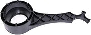 Black plastic water softener wrench with round socket head and textured handle grip.