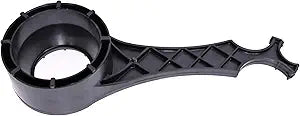 Black plastic water softener wrench with round socket head and textured handle grip.