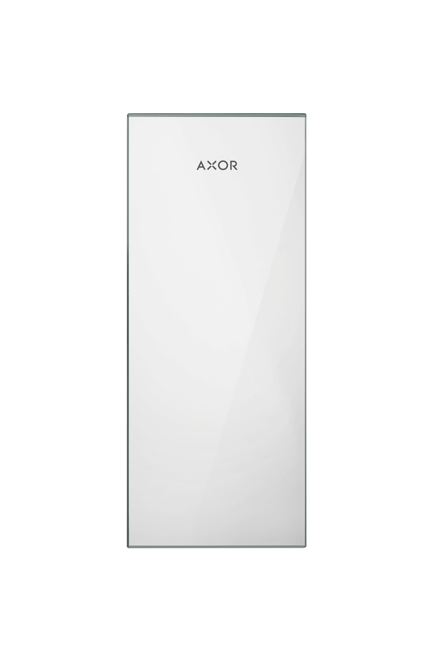 Rectangular mirror glass plate with dark frame border and AXOR branding centered on surface.