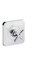 Chrome volume control trim with square white plate and cross-handle lever.