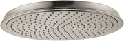 Brushed nickel circular shower head with perforated spray face and mounted rim.