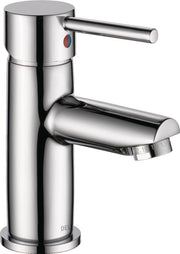 Chrome single-handle bathroom faucet with cylindrical body, curved spout, and red/blue indicator dot.