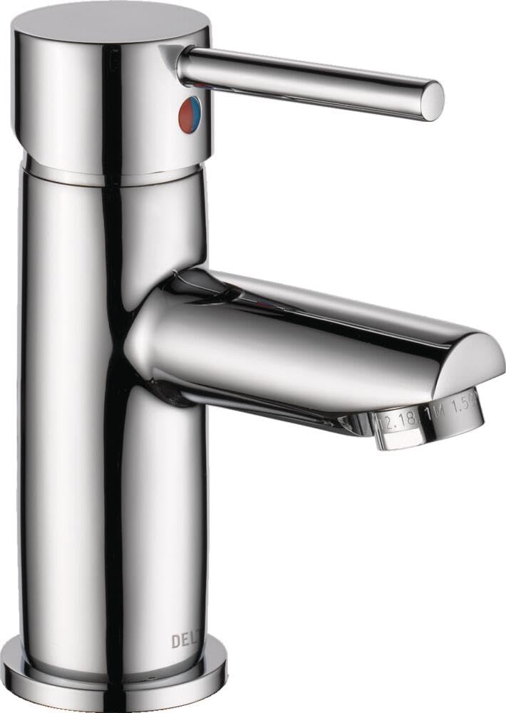 Chrome single handle bathroom faucet with cylindrical body, curved spout, and red and blue temperature indicator dots.