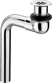 Chrome offset grid strainer with vertical tailpiece and rubber gasket for wheelchair accessible bathroom sink drain.