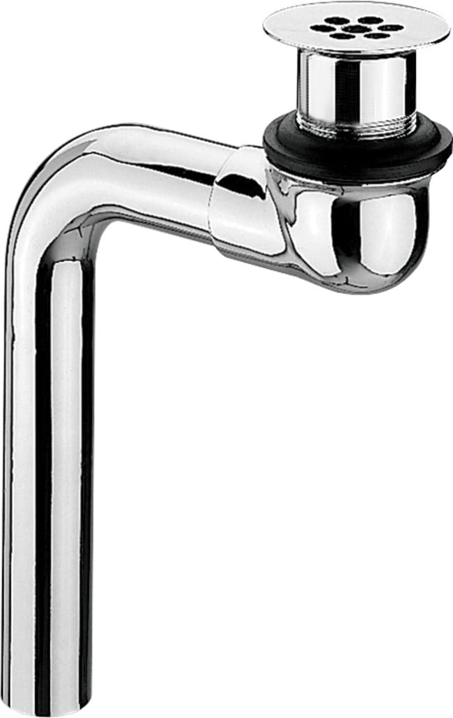 Chrome offset grid strainer with vertical tailpiece and rubber gasket for wheelchair accessible bathroom sink drain.