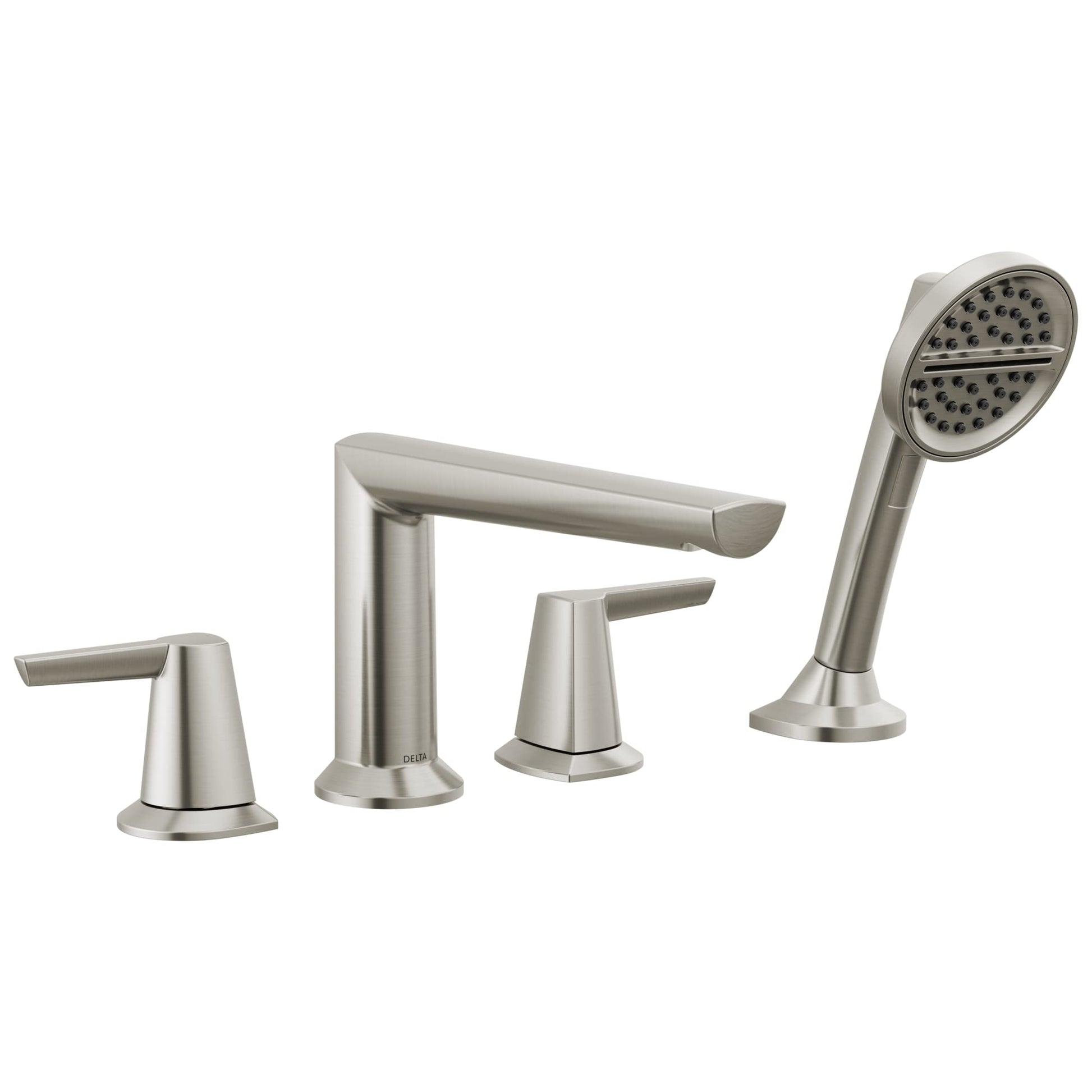 Four-piece brushed nickel tub trim set with spout, two handles, and detachable hand shower.