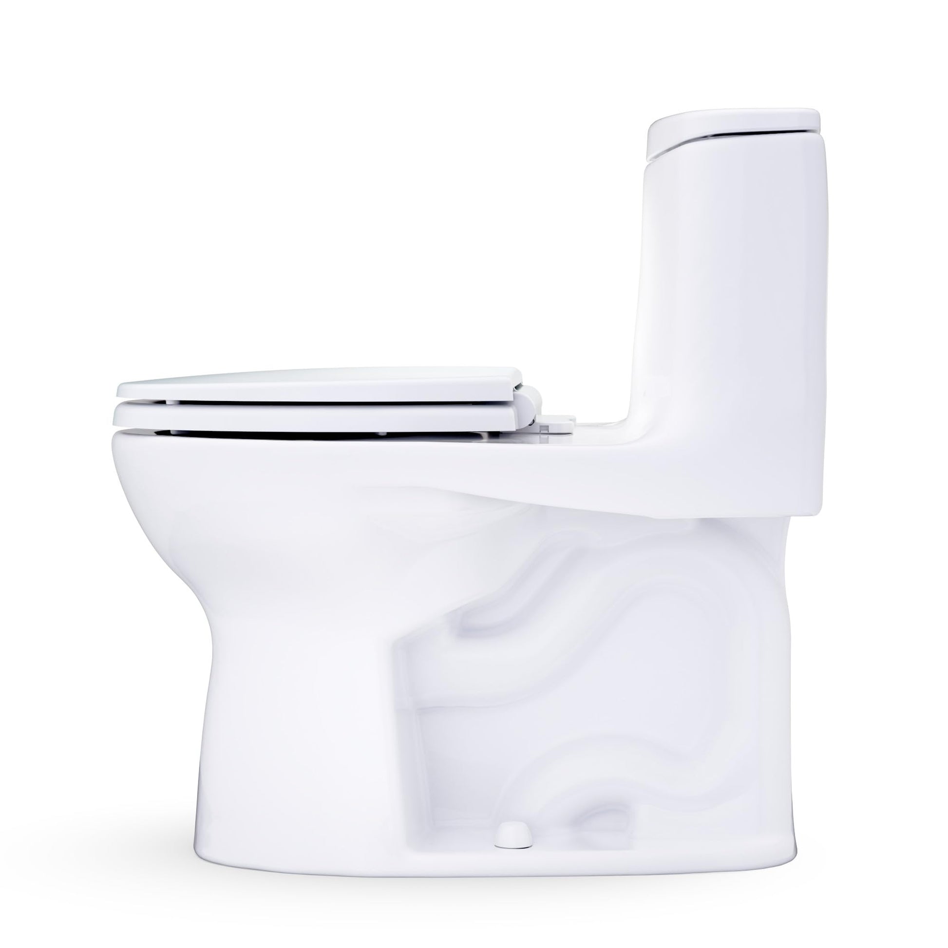 Cotton white one-piece toilet with closed front seat, dual-flush lever, and elongated bowl.