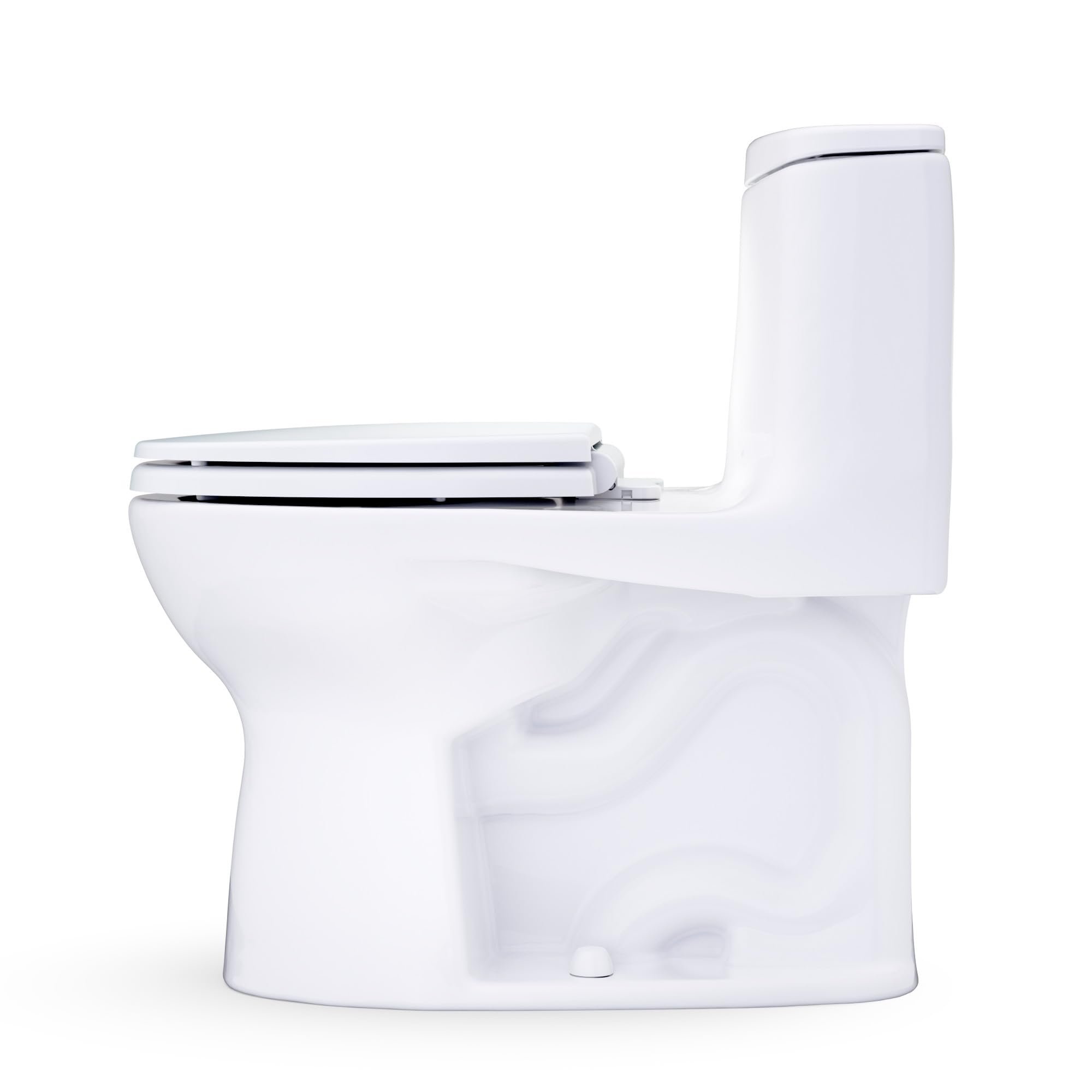Cotton white one-piece toilet with closed front seat, dual-flush lever, and elongated bowl.